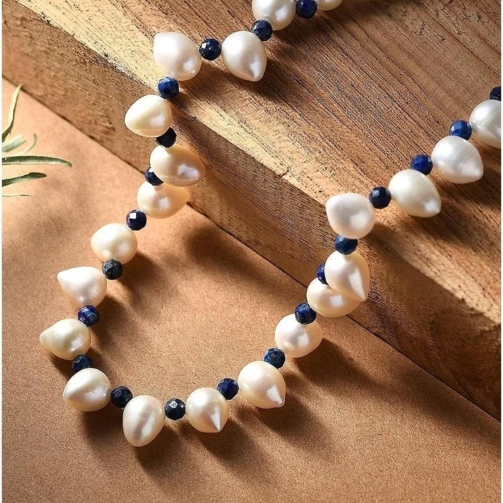 Freshwater Pearl Lapis Lazuli Necklace in Rhodium Over Sterling Silver 18 Inches